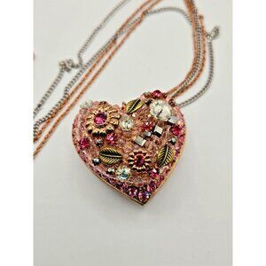 Betsey Johnson Gold Silver Double Strand Pink Puffed Heart Necklace New with tag